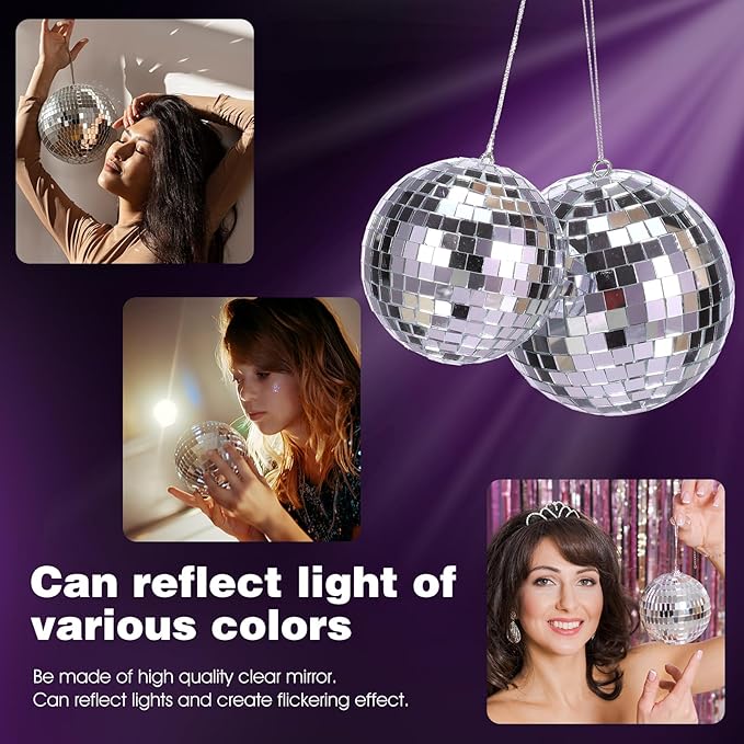 55Pcs Disco Ball Decor Hanging Mirror Disco Ball, 4Sizes Glitter Silver Mini Discos Balls Ornaments with Rope for 70s Discos Themed Birthday Party Supplies Christmas Tree Decors