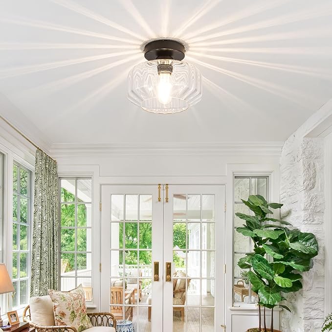 Semi Flush Mount Ceiling Light with Hexagonal Diamond Textured Glass, Matte Black Base & Includes 1200LM LED Bulb - Kitchen Lighting, Hallway Light Fixture, Bathroom Ceiling Light Fixture