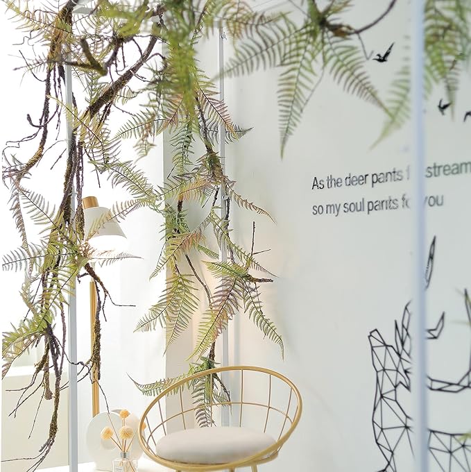 78.7 in Height Set of Artificial Tree Branches with 4pcs Persian Fern Leaves Fake Tree Vines Trunk Twigs Silk Moss Green Plants for Wall Hanging Home Wedding Backdrop Room Shop Decoration