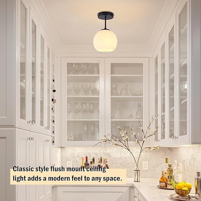 Black Semi Flush Mount Ceiling Light Fixture Milk Glass Light Fixture Mid Century Flush Mount Ceiling Light Black Flush Mount Ceiling Light Schoolhouse Light Fixture for Dining Room(Bulb Incl.)