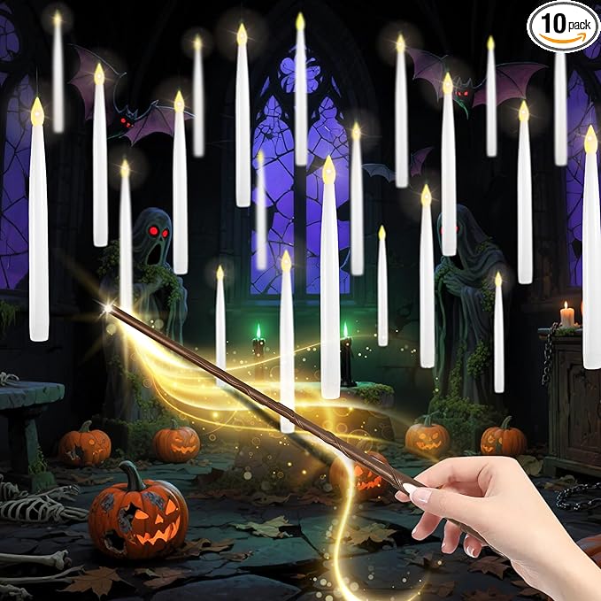 Floating Candles with Wand, 10 Pack Halloween Flameless Candles Battery Operated LED Taper Hanging Electric Candle for Christmas Halloween Birthday Party Decor 10.8in