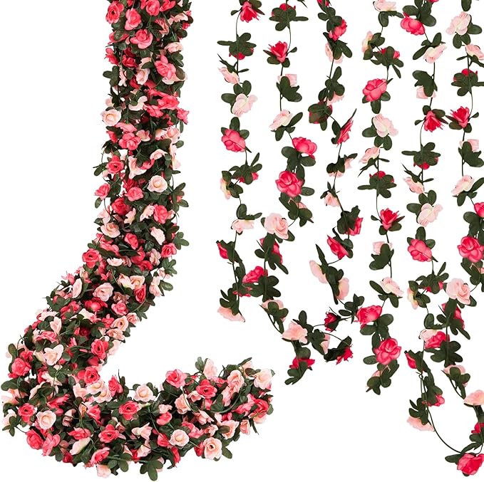 2 Pcs 16.5 Ft Flower Garland Rose Vines, Pink Rose Garland for Decoration, Flower Vine for Bed Room Table Birthday Wedding Party Garden Wall Decor