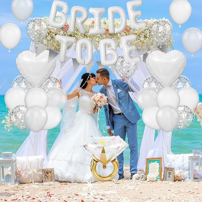 White Bachelorette Party Decorations, White Bride To Be Bridal Shower Balloons Decorations, Silver Confetti Balloon with Diamond Ring Heart Balloon for Bachelorette Engagement Wedding