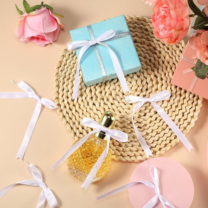 Riceshoot 50 Pcs Twist Tie Bows for Cake 3x4.5 Inch Satin Ribbon Bows for Gift Wrapping Treat Bags Craft DIY Wedding Baby Shower Birthday Party(White)