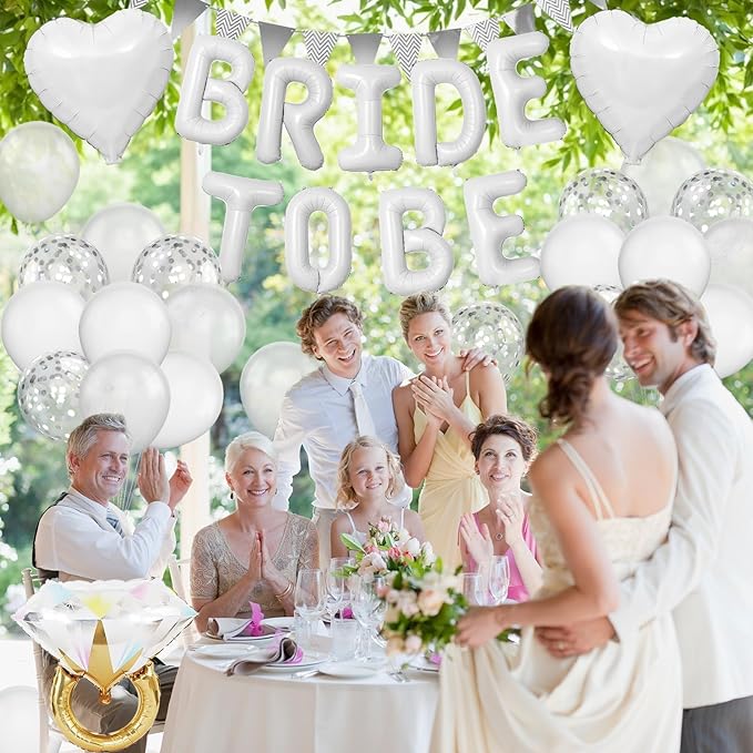 White Bachelorette Party Decorations, White Bride To Be Bridal Shower Balloons Decorations, Silver Confetti Balloon with Diamond Ring Heart Balloon for Bachelorette Engagement Wedding