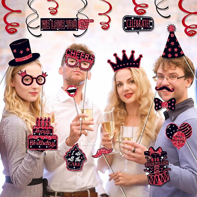 36 PCS Birthday Photo Booth Props Party Supplies Holiday Picture Decorations Photo Booth Props for Birthday Party Favors Pose Sign Kit Fun for Party (Red)