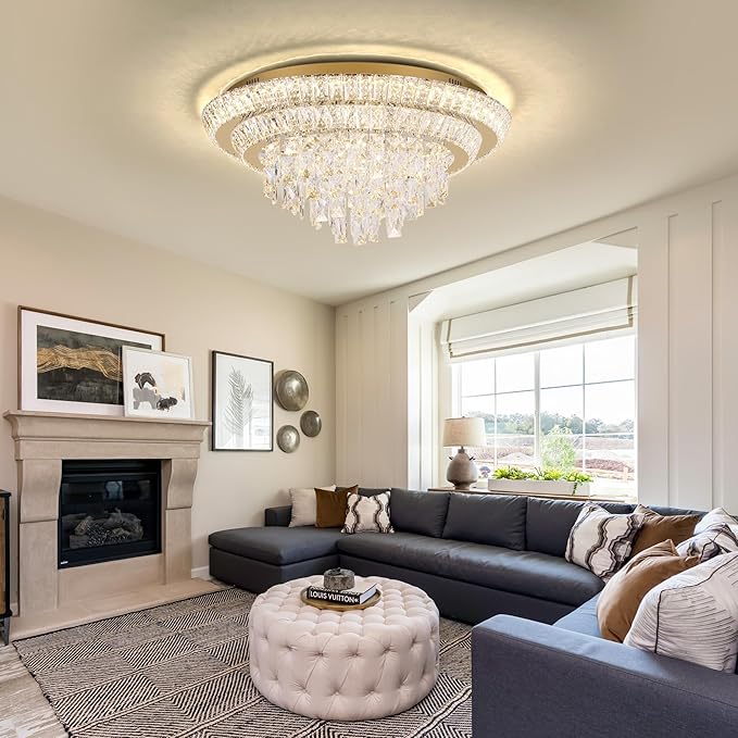 24 inch Crystal Gold Ceiling-Light Flush Mount with Remote Control and APP, 3CCT Dimmable & Brightness Adjustable, Modern Crystal Raindrop Chandeliers for Bedroom Hallway Dinning Room Living Room