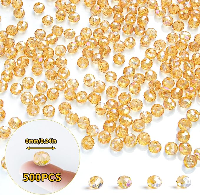 500Pcs 6mm Crystal Glass Beads for Jewelry Making Beads for Bracelets Necklace Pendants Making Supplies(Gold Champagne)