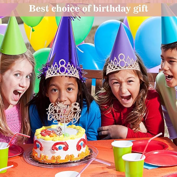 8th Birthday Decorations for Girl Including Sash, Crown, Numeral Candle and Cake Topper, 8 Year Old Girls Party Favor Supplies