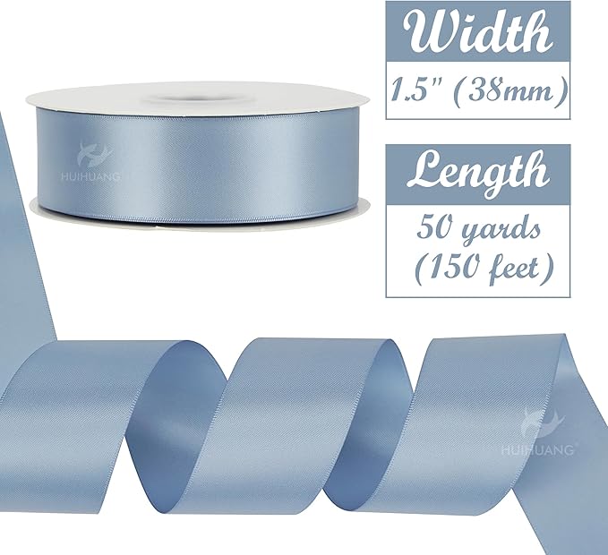 HUIHUANG Dusty Blue Ribbon 1-1/2 inch Double Face Satin Ribbon Silk Ribbons 50 Yards Roll for Gift Wrapping Bows Making Floral Bouquet Wedding Invitations Decor Party Favor and Craft Supplies