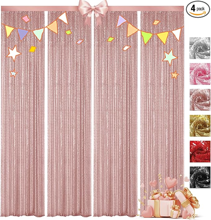 VOK Rose Gold Sequin Backdrop Curtains 4 Panels 2FTx8FT Glitter Photography Background for Wedding Birthday Christmas Party Decorations
