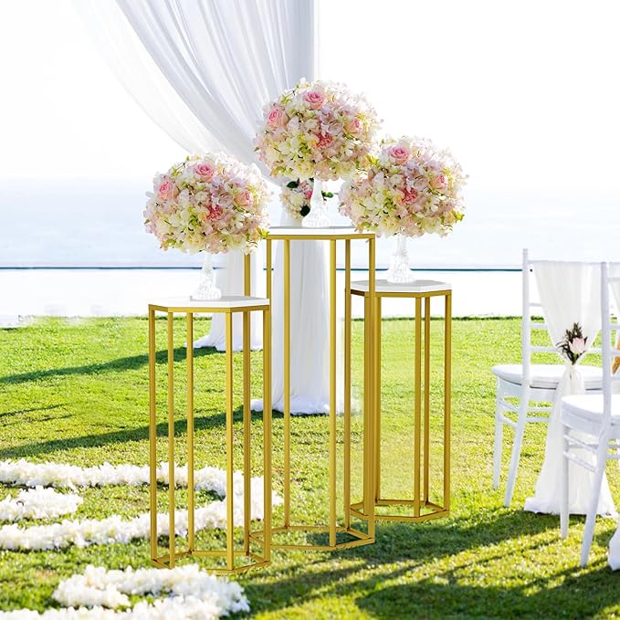 Urban Deco Cylinder Stands for Party, Set of 3 Gold Metal Hexagon Cake Pedestal Stand with Marbled Countertop, Flower Plant Pedestal Stands for Display Parties Wedding Birthday Decor, 3PCS, Gold