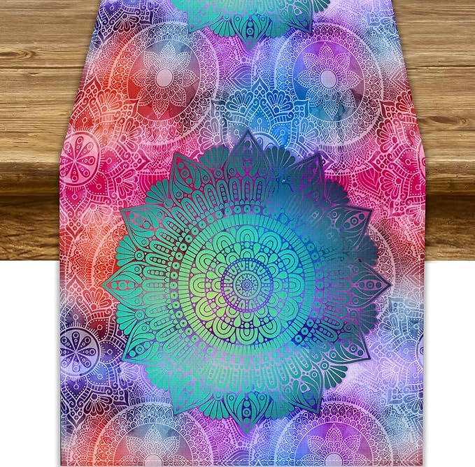 Green Mandala Table Runner, Bohemian Vintage Colorful Exotic Colorful Floral Print Table Runner for Wedding Dining Table Holiday Party Kitchen Home Decor, 13x108inch