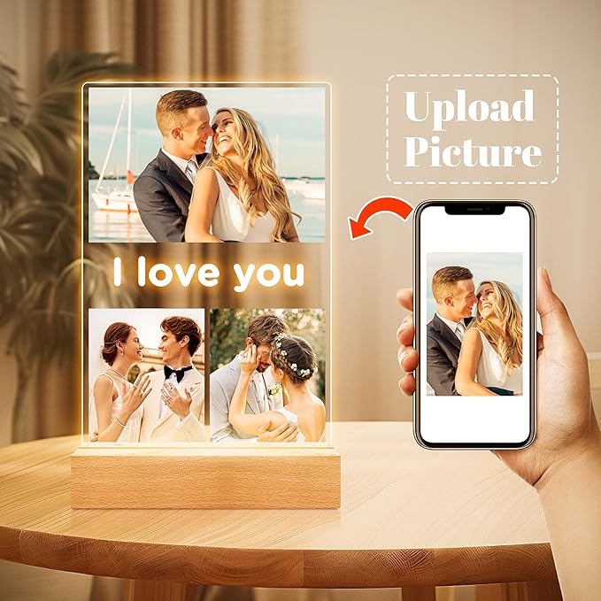 Personalized Anniversary Birthday Gifts for Women Men Her Him, Custom Picture Frames with Photo, Personalized Photo Frame with Night Light, Customized Gifts for Girlfriend Boyfriend Couples