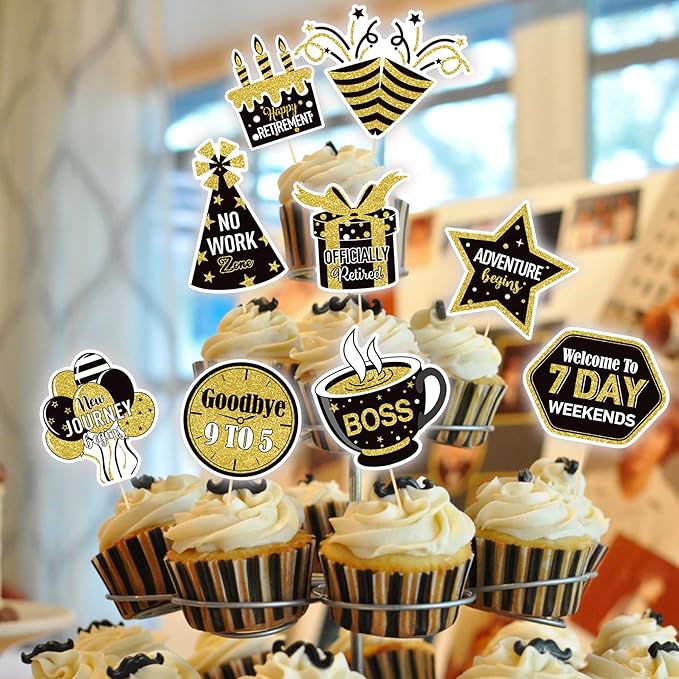 36 Pcs Happy Retirement Cupcake Toppers - NO DIY - Retired Cupcake Picks Retirement Theme Party Cake Decorations Gold Glitter