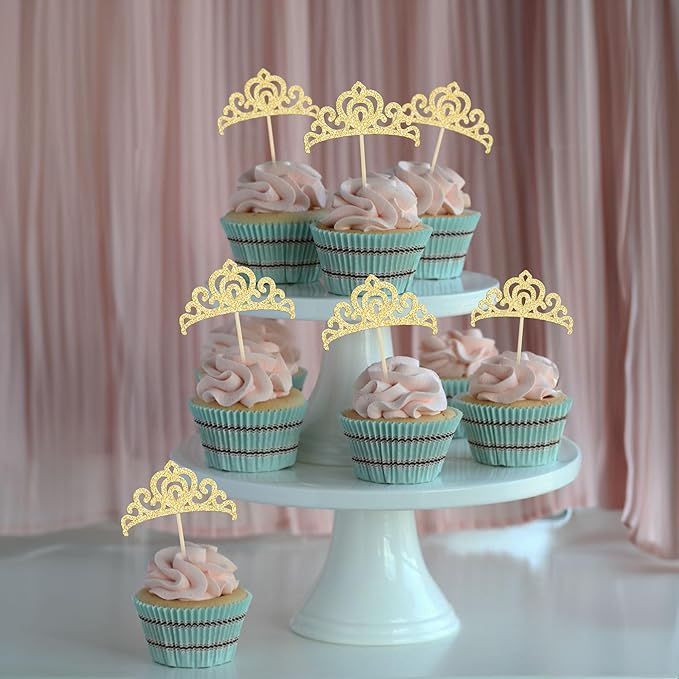 Gyufise 24Pcs Gold Princess Crown Cupcake Toppers Glitter Princess Cake Pick Decorations for Wedding Girl Birthday Baby Shower Party Decorations