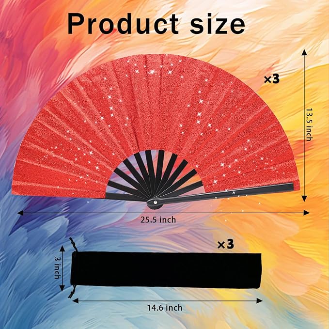 Glitter bling Large Folding Fan-Hand Fan Rave Clack Popping Fan for Line Dancing Clacking Fans for Boots On The Ground Dance, Party for EDM, Music Festival, Hot Flashes, Party, Decoration(3pcs red)