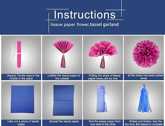 Gold Navy-Blue Pink Party Decorations - 23pcs Tissue Paper Flower Pom Poms Tassel Garland Pennant Banner Flags Streamers Birthday Baby Bridal Shower Engagement Bachelorette Wedding Gender Reveal Decor