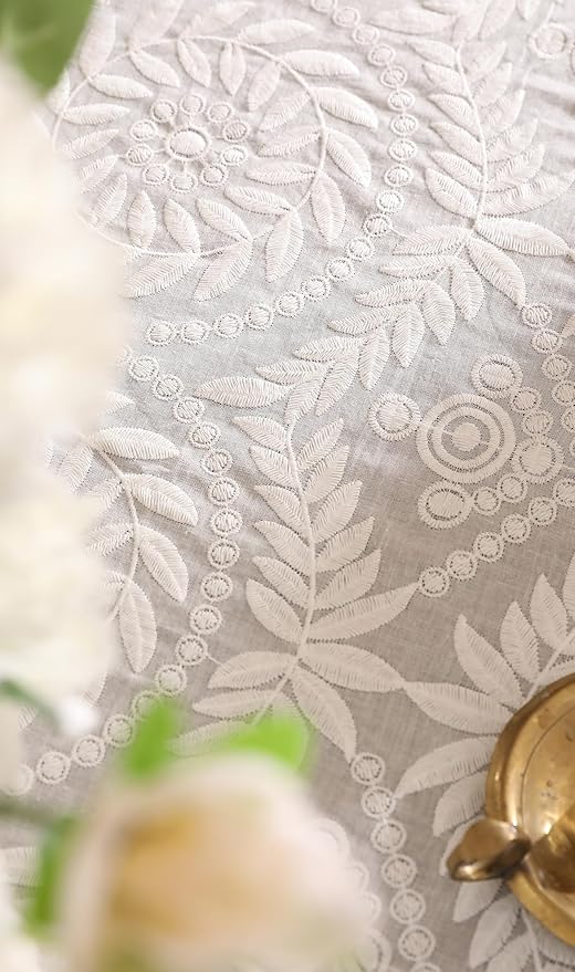 patdrea Vintage Ruffle Tablecloth for Round Tables,Farmhouse Embroidered Cotton White Lace Table Cloth Cover Decor for Dining Room Wedding Banquet Thanksgiving Christmas,Dimaeter 51"