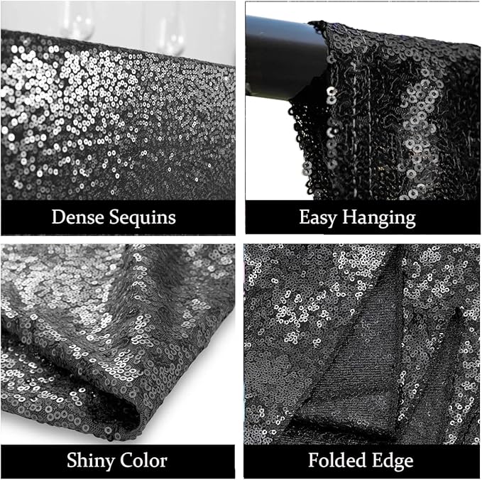 Black Sequin Photography Backdrop Curtains 2FTx8FT 2 Panels Sparkly Background Drapes for Parties