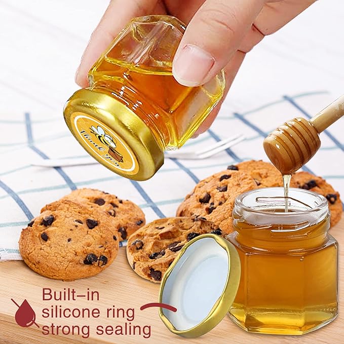 Aliggbent 96 Pack Mini Honey Jars Party Favors in Bulk, 1.5 oz Small Hexagon Glass Honey Jars with Dippers, Lids, Cute Stickers, Bee Charms, Gift Bags and Jute for Baby Showers, Weddings & Birthdays