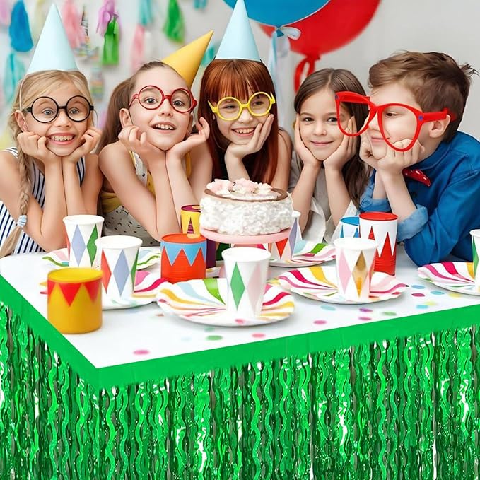 6 Pack 29x108 Inch Green Wave Foil Fringe Table Skirts Metallic Banner for Tinsel Streamer Garland Backdrop for Parade Floats Mother's, Graduate, Mardi Gras, Birthday, Wedding Party Decorations