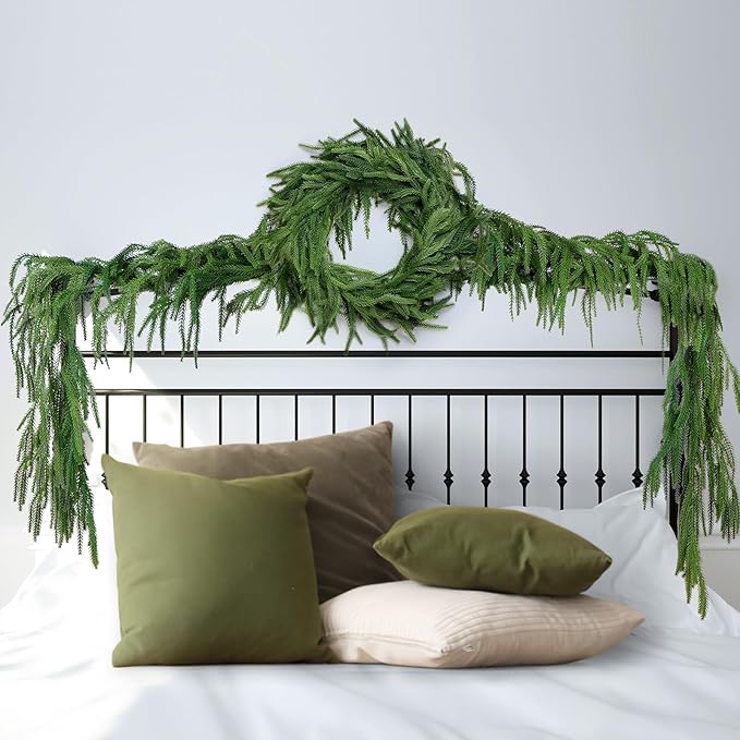4 Pack Christmas Norfolk Pine Garlands 9FT, Real Touch Artificial Greenery Garland – Full Evergreen Pine Garland for Mantle, Fireplace, Table, Wall, Stairs & Outdoor Holiday Décor