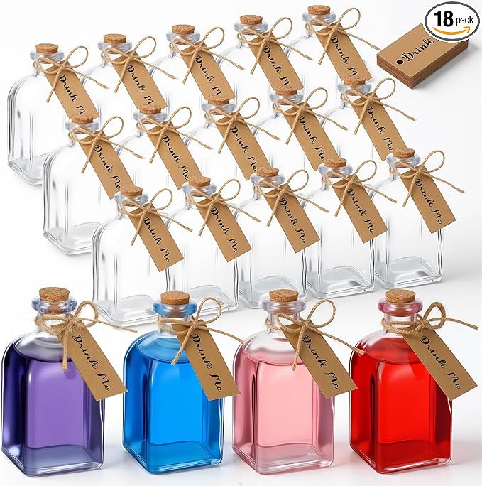 Baderke 18 Pcs 4oz Glass Potion Bottles Favor Jars with Cork Lid Twine Tags Glass Bottles Tiny Vintage Square Water Candy Jars Honey Spice Vials Party Favors DIY Crafts Halloween Wedding Decorations