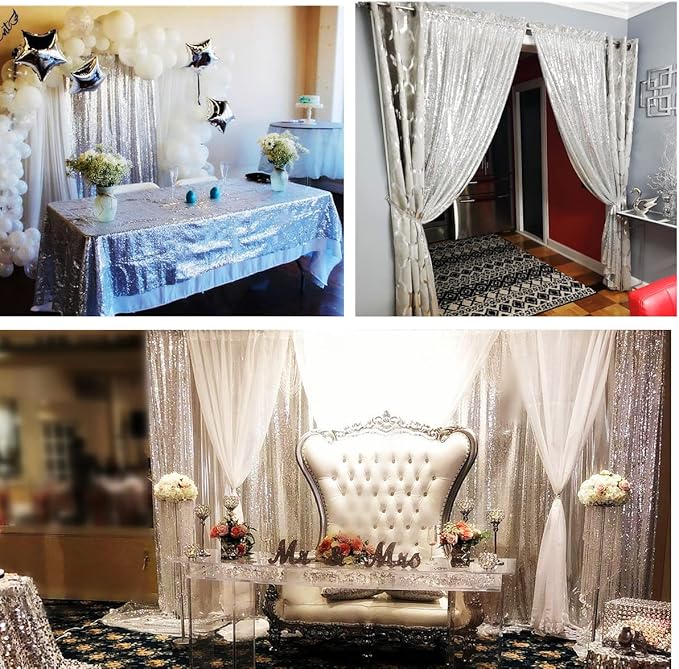 Poise3EHome Silver Sequin Backdrop Curtain, 4 PCS 3FT x 8FT Sequin Panels for Backdrop,Sequence Wedding Party Background Drapes