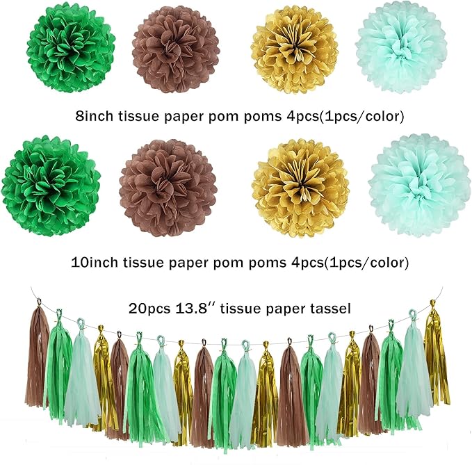 Sage Green Gold Party Decorations - 30pcs Hanging Decoration Birthday Party Tissue Paper Flowers Wedding Pennant Banner Neutral Baby Shower Circle Dots Garland Engagement Tassel Bridal Shower Decor