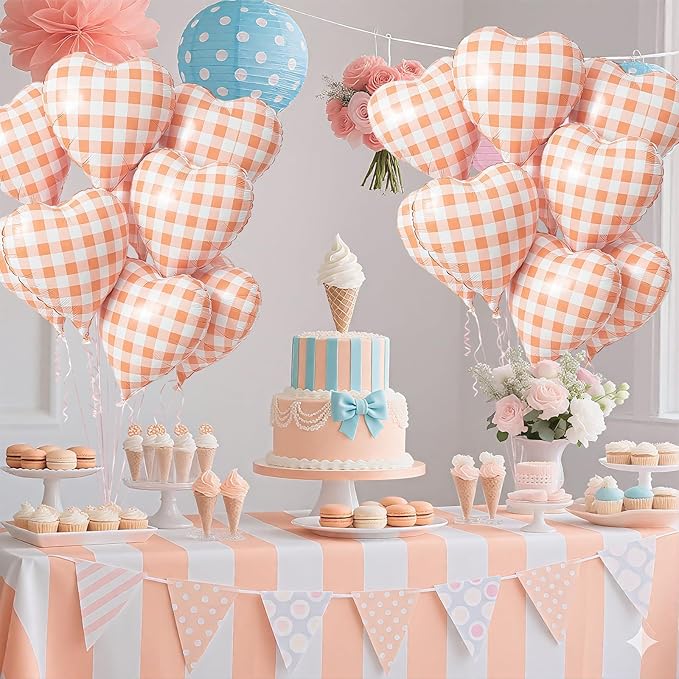 Red White Checkered Heart Balloons,12Pcs 18Inch Red Grid Heart Shaped Foil Helium Polyester Film Balloons for One Silly Goose Birthday Baby Shower Party Decorations