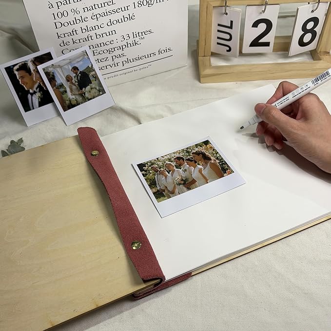 NBE Personalized Wooden Guest Book - Custom Wedding Sign-In Book with Burgundy Spine - Rustic Photo Album for Messages & Polaroids - Couples Keepsake Memory Gift (8.5x11.5 Inches)