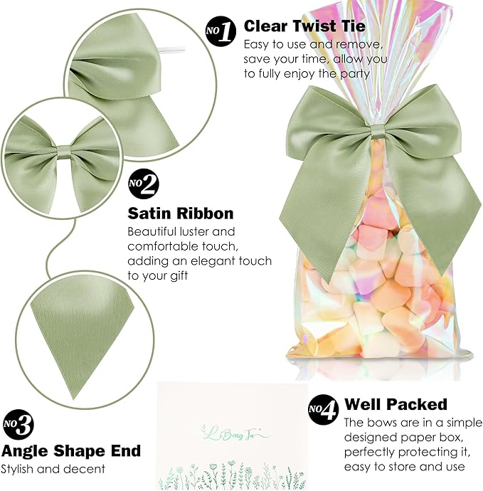 5'' Sage Green Bow Party Decorations Satin Bows, Twist Tie Bows for Treat Bags, Cake Pops, Pre-tied Bow Premade Ribbon Bows for Crafts, Holiday Bows for Gift Wrapping, Wedding Decor-24 Counts