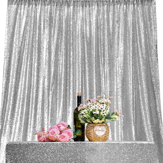JYFLZQ Silver Sequin Backdrop Curtains 4ft x 6.5ft 1 Panel Glitter Photo Booth Backdrops Sparkly Photography Background Drapes for Parties Wedding Bridal Showers