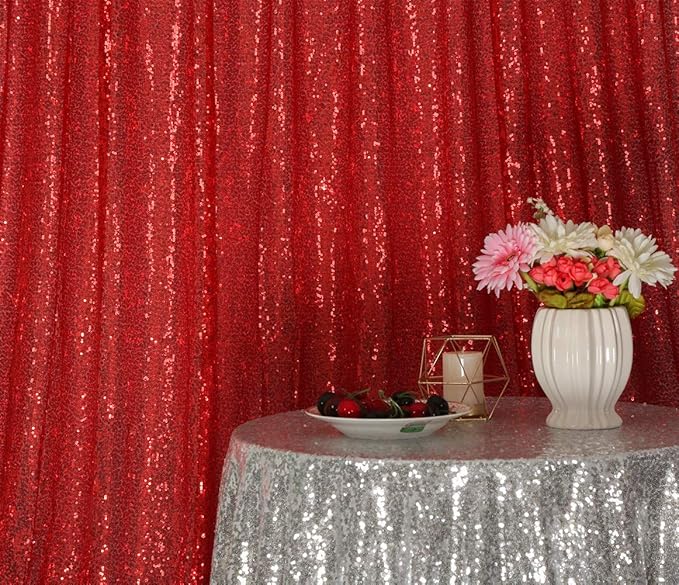 SquarePie Sequin Backdrop 10FT x 10FT Red Curtain Background for Wedding Party Decoration