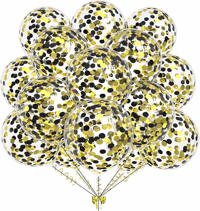 50pcs Gold Black Foil Confetti Balloons,12 inch Latex Balloon with Gold Black Confetti Inside for Birthday Family Party Graduation Decorations