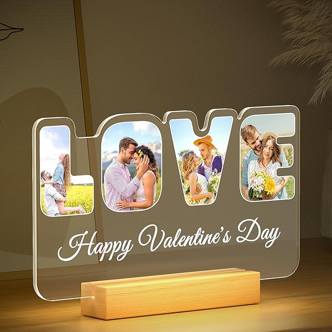 Custom Picture Frames with Photo, Personalized LOVE Photo Frame with Night Light, Customized Couples Gifts, Personalized Anniversary Valentines Gifts for Women Men Her Him Girlfriend Boyfriend
