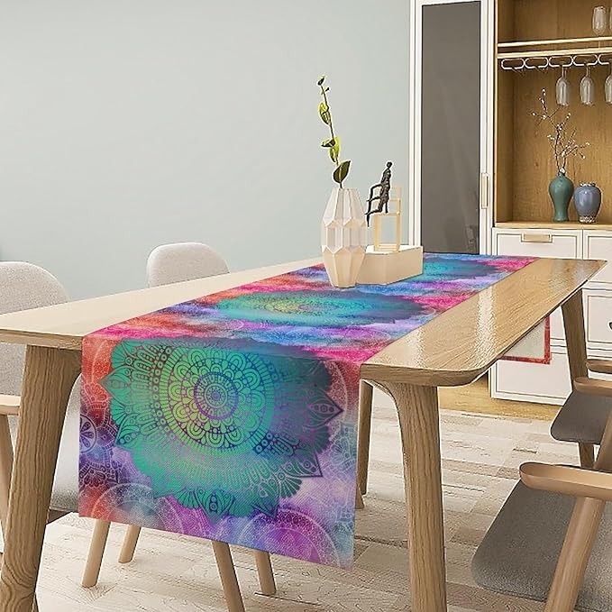 Green Mandala Table Runner, Bohemian Vintage Colorful Exotic Colorful Floral Print Table Runner for Wedding Dining Table Holiday Party Kitchen Home Decor, 13x90inch