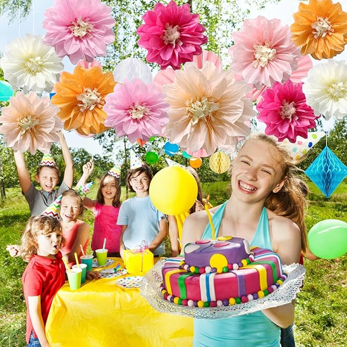 12pcs 10in 12in Paper Flowers Tissue Flowers Pom Paper Pom Poms Hanging Paper Flowers Wall Backdrop Wedding Party Flower Decorations DIY Art Craft Blooms for Birthday Baby Shower Decor White