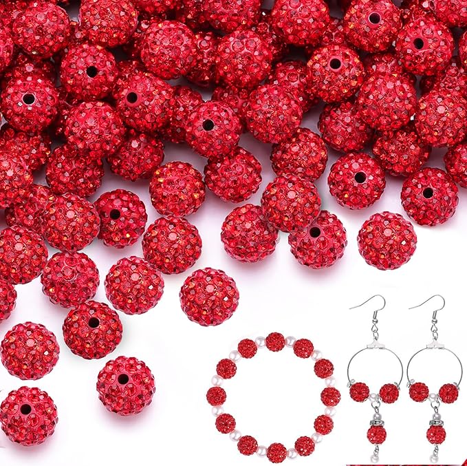 200pcs 10mm Red Rhinestone Beads for Jewelry Making, Shiny Round Shamballa Disco Ball Beads Bulk, Sparkle Crystal Clay Christmas for Bracelet Baseball Necklace Earring Crafting and DIY