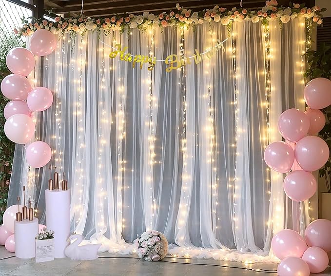 10ft x 10ft White Tulle Backdrop Curtain with Lights String for Parties Wedding Bridal Shower Sheer White Curtain Backdrop for Birthday Baby Shower Photo Booth Background Decorations