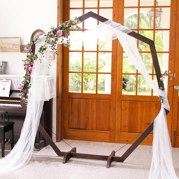 7FT Wedding Arch, Heptagonal Wood Arch for Wedding Ceremony, Arbor Backdrop Stand for Garden Parties, Indoor, Outdoor, Wooden Arbor Rustic Farmhouse Theme