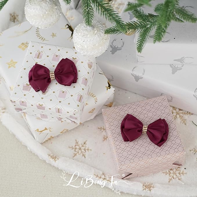 Dark Red Ribbon Bow 4'' Premade Satin Red Bows, Burgundy Gift Bows with Rhinestone, Wrapping Bows for Presents, Greeting Cards, Treat Bags, Valentines Bows for Gift Wrapping-12 Counts