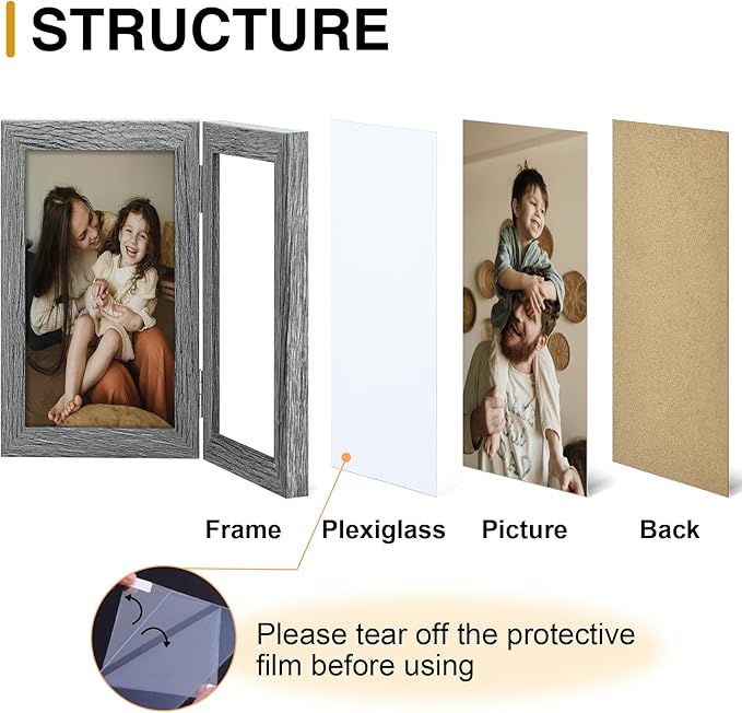 decorUhome Double 5x7 Picture Frame Vertical, Engineered Wood Bifold Photo Frame with Plexiglass for Tabletop Display, 5x7, Grey