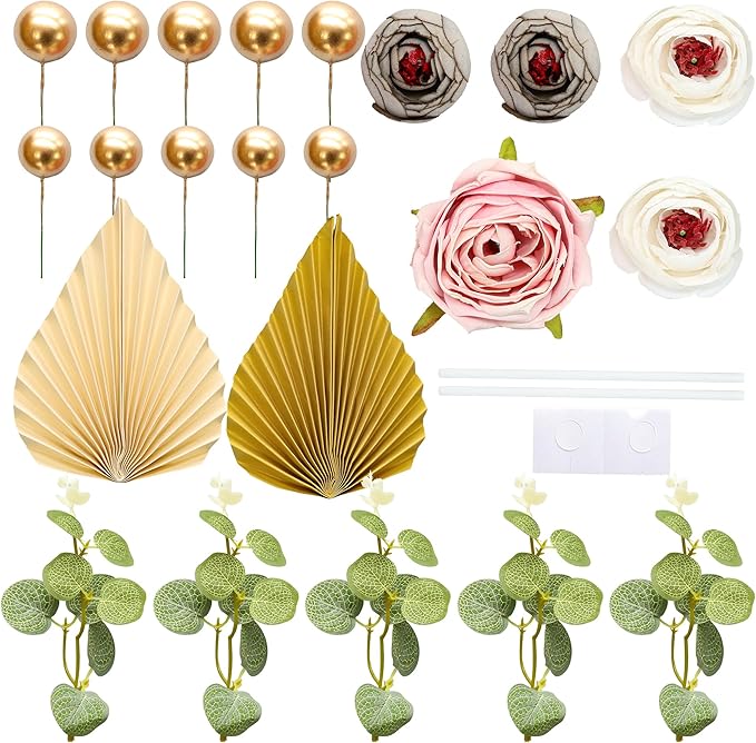 Gyufise 22Pcs Rose Artificial Flower Leaves Cake Topper Decorations Gold Balloon Cake Toppers Leaf Paper Palm Fan Cake Picks for DIY Wedding Birthday Valentine's Day Party Decorations Supplies Beige