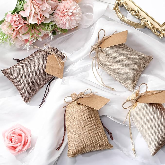 Woanger 100 Pcs Burlap Gift Bags with 100 Pcs Kraft Paper Gift Tags with Drawstring Favor Bulk Burlap Sack Bags for DIY Wedding Party Craft (4 x 6 Inch,Hemp, Beige, Medium Brown, Dark Brown)