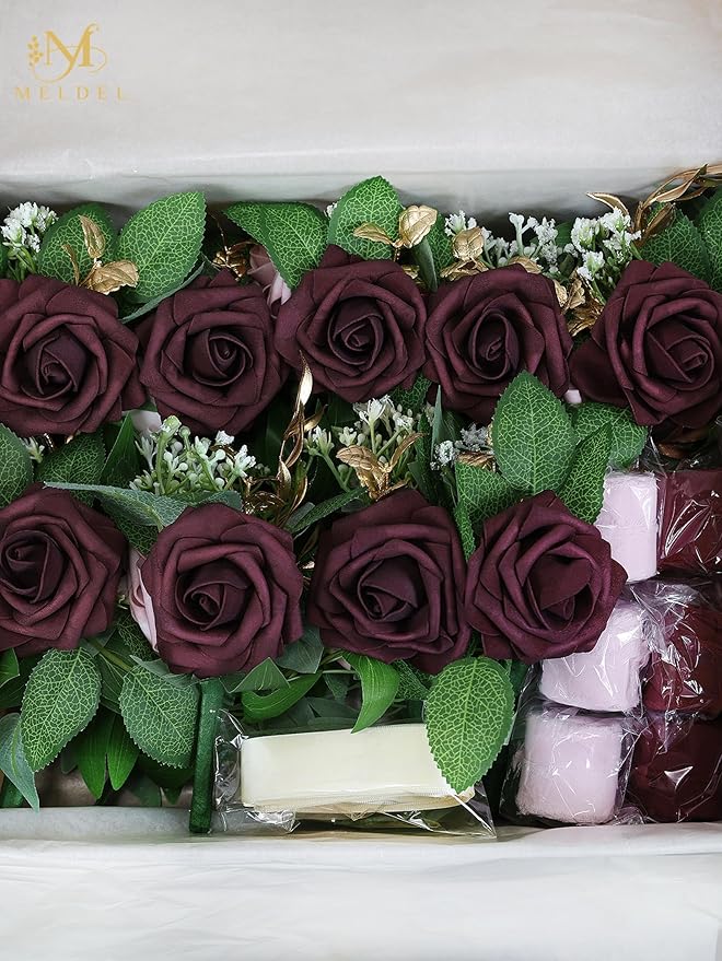 Meldel Wedding Aisle Decorations for Ceremony 10 Pcs/Set Burgundy Pink Rose Garland with Hanging Ribbons Church Chair Decorations Party Decor Arrangement Wedding Pew Decor Flower