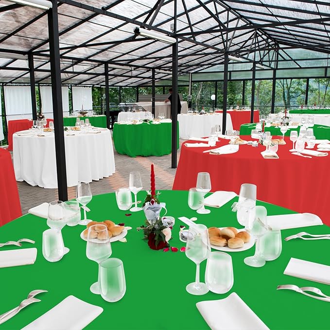 48 Pack Christmas Round Disposable Tablecloth, Red White Green Circle Plastic Tablecloth Bulk, Italy Theme Table Covers for Christmas Family Gathering Dining Banquet Italian Party Decoration,84inch