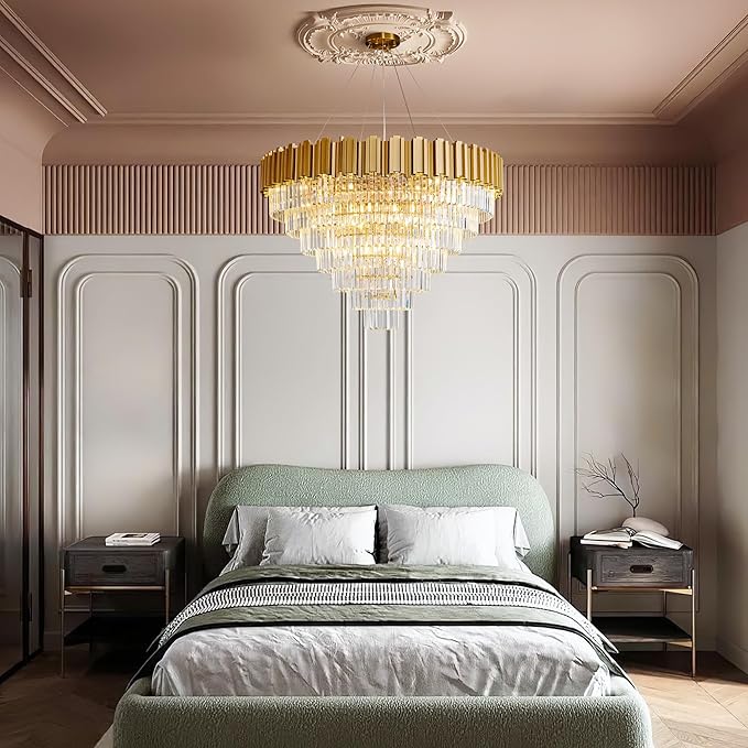 Modern Crystal Chandelier, 39" Gold Chandelier for Dining Room, 21-Light Luxury Round Chandeliers, 7-Tier Contemporary Light Fixture for Living Room, Bedroom, Foyer, Entryway, Kitchen