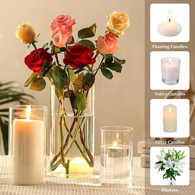 PHOSPHOR Hurricand Candle Holder 12 PCS, Glass Pillar Candle Holder, Clear Glass Cylinder Candleholder Glass Cylinder Vase for Centerpieces Wedding Party Decoration